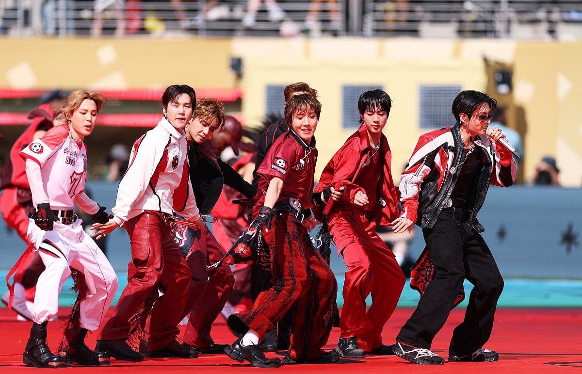 RM, Jin, Suga, J-Hope, Jimin, V and Jung Kook of BTS perform during the Topps Final Halftime Show in the FIFA World Cup 2026 Final match between Spain and Argentina at New York New Jersey Stadium on July 19, 2026 in East Rutherford, New Jersey.