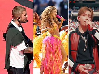Justin Bieber, Shakira and BTS perform during the Topps Final Halftime Show the FIFA World Cup 2026 Final match between Spain and Argentina at New York New Jersey Stadium on July 19, 2026 in East Rutherford, New Jersey.
