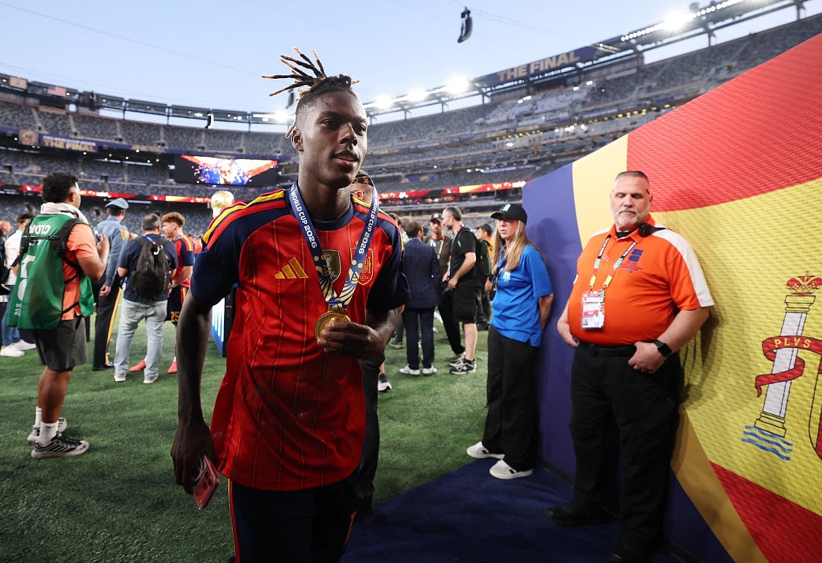Nico Williams #17 of Spain walks off the pitch after the team's victory following the FIFA World Cup 2026 Final match between Spain and Argentina at New York New Jersey Stadium on July 19, 2026 in East Rutherford, New Jersey.