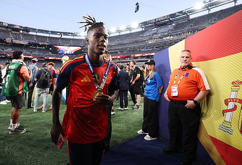Nico Williams #17 of Spain walks off the pitch after the team's victory following the FIFA World Cup 2026 Final match between Spain and Argentina at New York New Jersey Stadium on July 19, 2026 in East Rutherford, New Jersey.