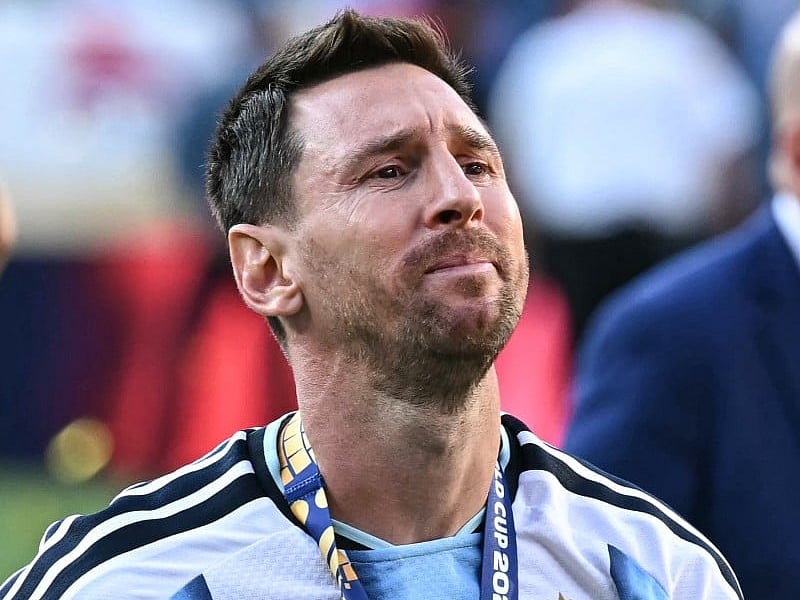 Argentina's forward #10 Lionel Messi cries after losing the 2026 World Cup football tournament final match between Spain and Argentina at the New York/New Jersey Stadium in East Rutherford on July 19, 2026.