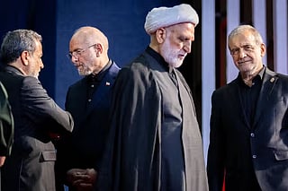 Senior Iranian officials attend the funeral of slain supreme leader Ali Khamenei. From left to right: Foreign Minister Abbas Araghchi, Parliament Speaker and lead negotiator Mohammad Bagher Ghalibaf, Chief Justice Gholamhossein Mohseni Eejei, and president Masoud Pezeshkian, July 4, 2026.
