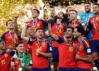 Rodri #16 of Spain lifts the FIFA World Cup Winner’s Trophy after the team’s victory following the FIFA World Cup 2026 Final match between Spain and Argentina at New York New Jersey Stadium on July 19, 2026 in East Rutherford, New Jersey.
