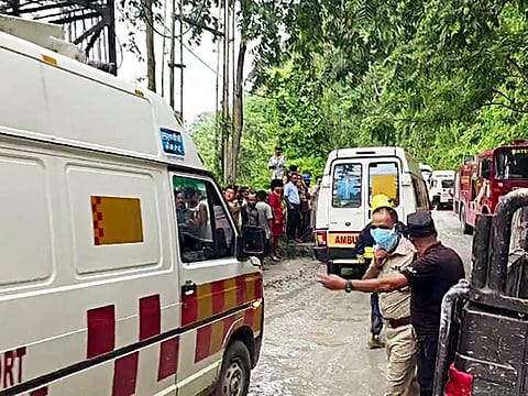 Ambulance and Fire tenders rush to the spot following Samardung tunnel collapse.