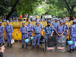 RAF personnel deployed at the Cockroach Janta Party (CJP) protest site at Jantar Mantar, in New Delhi on Tuesday, July 21, 2026. 