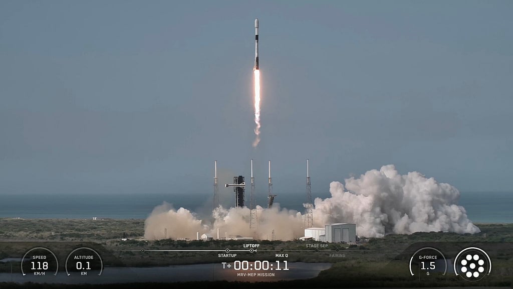 This image from video provided by SpaceX shows a Falcon 9 rocket carrying Northrop Grumman’s mission robotic vehicle — dubbed MRV, launches from Cape Canaveral, Fla., on Tuesday, July 21, 2026. (SpaceX via AP)