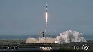 This image from video provided by SpaceX shows a Falcon 9 rocket carrying Northrop Grumman’s mission robotic vehicle — dubbed MRV, launches from Cape Canaveral, Florida, on Tuesday, July 21, 2026. (SpaceX via AP)