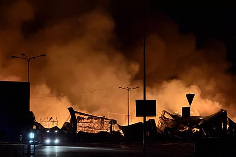 This photograph shows a fire at the site of a drone strike on a shopping centre in Sumy late at night on July 20, 2026, amid the Russian strikes in Ukraine. File photo.