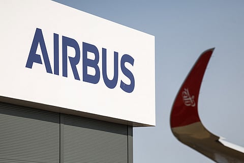 Signage for European plane maker Airbus is pictured on the second day of the Farnborough International Airshow 2026 in Farnborough, south-west of London, on July 21, 2026.