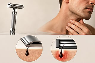 A safety razor holds a double edge blade at a fixed angle, leaving the user in control of pressure and direction