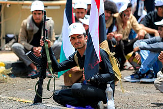 University students gather for a demonstration to show their support for the Houthi movement amid escalating tensions with Saudi Arabia, at the Sanaa University campus in Yemen's Houthi-held capital Sanaa on July 22, 2026.