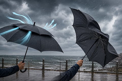 A wind resistant umbrella is designed to manage airflow instead of resisting every gust. 