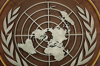 The United Nations logo is seen at the General Assembly hall at UN headquarters.