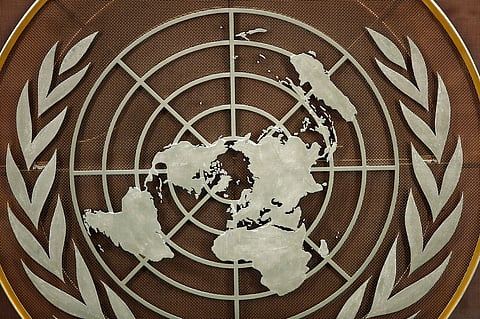The United Nations logo is seen at the General Assembly hall at UN headquarters.