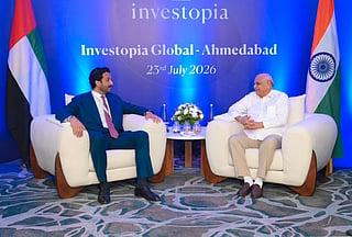 Abdulla bin Touq Al Marri, UAE's Minister of Economy and Tourism,  and Bhupendrabhai Patel, Chief Minister of Gujarat, at the 'Investopia Dialogues' in Ahmedabad..