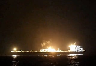 Yemen's Houthi rebels confirmed they carried out missile and drone strikes Wednesday night on two Saudi oil tankers in the Red Sea after declaring a maritime embargo on the kingdom amid the US war with Iran. Screengrab taken from a video reportedly shared by Houthis showing a ship going up in flames on the Red Sea.
