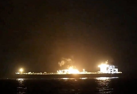 Yemen's Houthi rebels confirmed they carried out missile and drone strikes Wednesday night on two Saudi oil tankers in the Red Sea after declaring a maritime embargo on the kingdom amid the US war with Iran. Screengrab taken from a video reportedly shared by Houthis showing a ship going up in flames on the Red Sea.