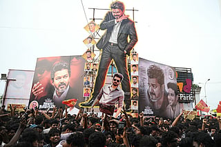 Fans celebrate during the theatrical release of film 'Jana Nayagan' starring actor and Tamil Nadu's Chief Minister C. Joseph Vijay, in Chennai on July 23, 2026.