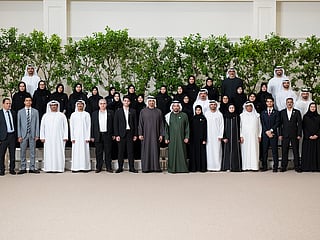 UAE President His Highness Sheikh Mohamed bin Zayed Al Nahyan and dignitaries with distinguished Secondary School students, parents, teachers, and staff from the UAE Ministry of Education during the ceremony. 