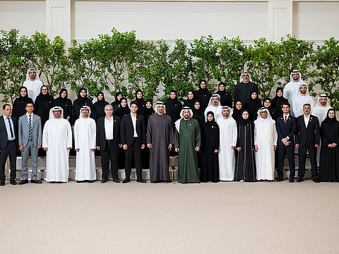 UAE President His Highness Sheikh Mohamed bin Zayed Al Nahyan and dignitaries with distinguished Secondary School students, parents, teachers, and staff from the UAE Ministry of Education during the ceremony. 