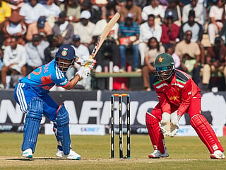 India's Ishan Kishan plays a shot during the second T20 international against Zimbabwe at Harare Sports Club in Harare, on July 25, 2026.