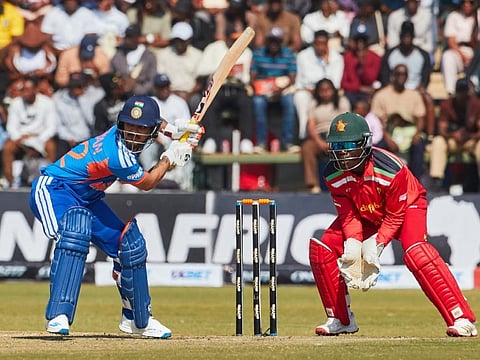 India's Ishan Kishan plays a shot during the second T20 international against Zimbabwe at Harare Sports Club in Harare, on July 25, 2026.