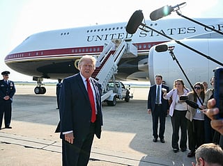 US President Donald Trump speaks to the press before he boards Air Force One for his first flight aboard the Boeing 747-8 that Qatar gifted the US to use for executive travel, at Joint Base Andrews, in Maryland, July 1, 2026.