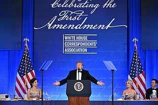US President Donald Trump speaks during the 2026 White House Correspondents' Association (WHCA) Dinner at the Waldorf Astoria in Washington, DC, on July 24, 2026.