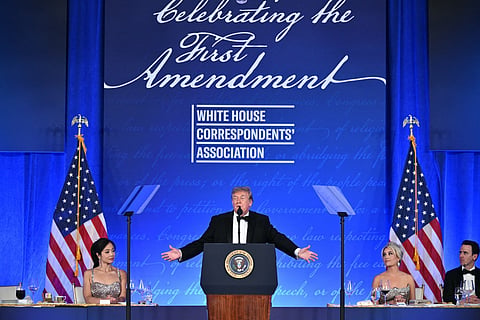 US President Donald Trump speaks during the 2026 White House Correspondents' Association (WHCA) Dinner at the Waldorf Astoria in Washington, DC, on July 24, 2026.