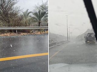Hail and heavy rain drench Masafi and parts of the UAE's Eastern Region.