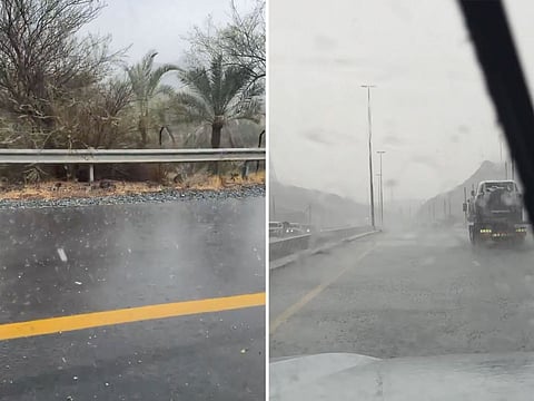 Hail and heavy rain drench Masafi and parts of the UAE's Eastern Region.