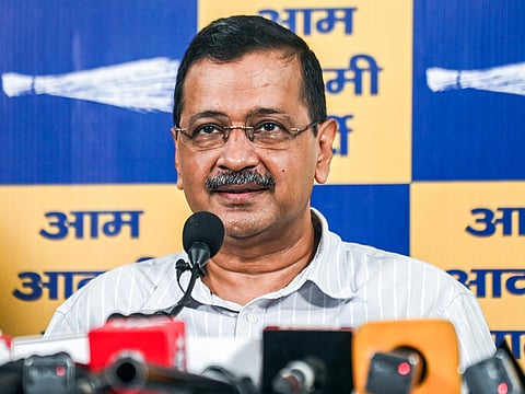 Aam Aadmi Party (AAP) National Convenor Arvind Kejriwal addresses a press conference at party office, in New Delhi on Monday.