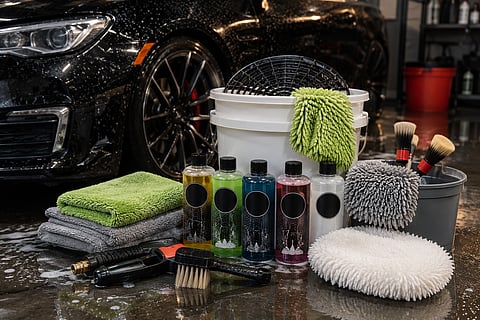 Car wash kit with detailing supplies beside a freshly cleaned black car
