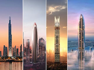 Superskyscrapers: Combo photo shows artists' impression of some of the upcoming supertall buildings under construction in the UAE (from left): The 131-storey Burj Azizi; Downtown Tower (part of the Mercedes-Benz Places by Binghatti); the 595-metre Burj Binghatti Jacob & Co Residences in Business Bay; and Select Group's Six Senses project in Dubai Marina.