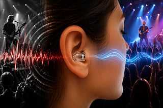 Concertgoer wearing filtered earplugs enjoying clear live music