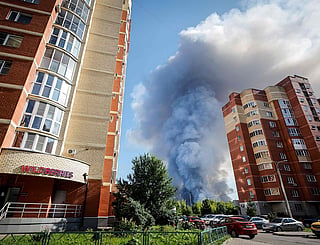 Smoke rising from a fire at the Russian e-commerce firm Wildberries' logistics complexes in the town of Elektrostal outside Moscow on July 18, 2026.