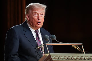 US President Donald Trump speaks during the funeral service for US Senator Lindsey Graham at the Washington National Cathedral in Washington, DC, on July 28, 2026.