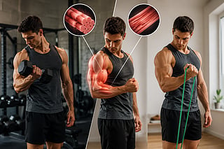 Person performing bicep curls with a resistance band and dumbbell