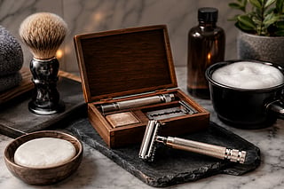 Traditional wet shaving kit with safety razor, brush, soap and lather bowl
