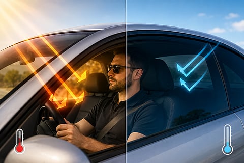 Split view car window comparing hot interior with cooler ceramic tint
