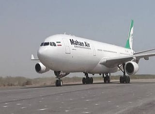 A Mahan Air jet. Mahan Air has presented itself as a civilian carrier but has been under US sanctions for years over its ties to the IRGC, designated by Washington as a terrorist organisation. 