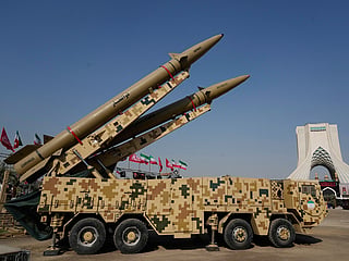 Iranian domestically-built Zolfaghar, top, and Zolfaghar Bassir missiles are displayed by the armed forces in a temporary exhibition in front of the Azadi (Freedom) monument in Tehran, Iran, Wednesday, July 29, 2026. 