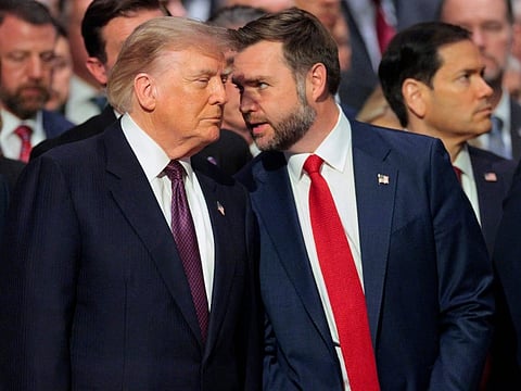US President Donald Trump speaks with Vice President JD Vance alongside Secretary of State Marco Rubio during the funeral service for US Senator Lindsey Graham at the Washington National Cathedral in Washington, DC, on July 28, 2026.