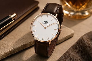 Daniel Wellington watch with brown leather strap on an elegant desk setting
