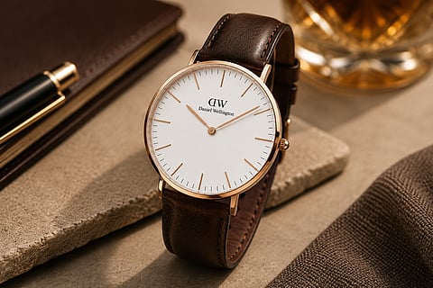 Daniel Wellington watch with brown leather strap on an elegant desk setting
