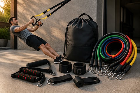Man using suspension trainer beside a resistance band workout kit.