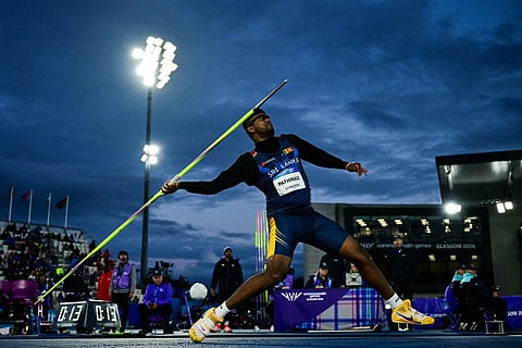 Sri Lanka's Rumesh Tharanga Pathirage competes in the men's javelin throw final during the athletics event at the Scotstoun Stadium in Glasgow, on day eight of the Commonwealth Games in Glasgow, Scotland, on July 31, 2026.