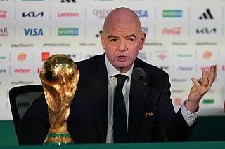 FIFA President Gianni Infantino speaks during a news conference at the stadium in Mexico City, Wednesday, June 10, 2026, a day before the opening FIFA World Cup match between Mexico and South Africa.