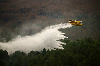 Turkish Air Tractor AT-802F Fire Boss amphibious water bomber A-172 dropping a load of water over a wildfire in Le Porge, south-western France.