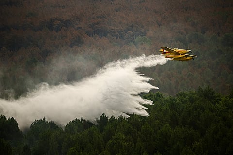 Turkish Air Tractor AT-802F Fire Boss amphibious water bomber A-172 dropping a load of water over a wildfire in Le Porge, south-western France.